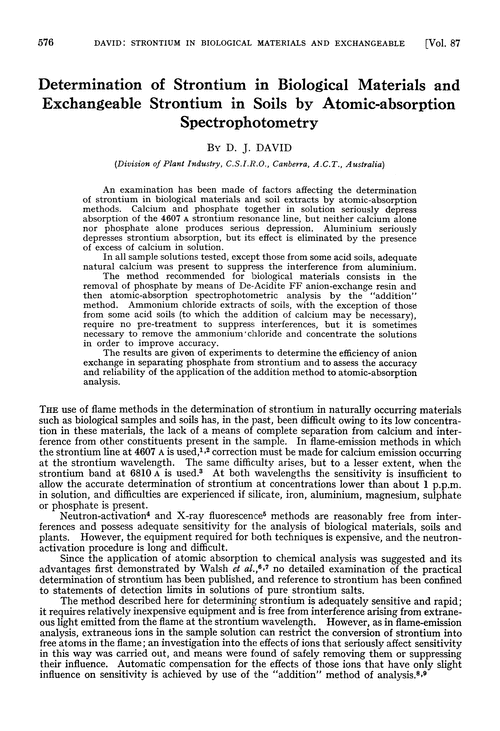 Determination of strontium in biological materials and exchangeable strontium in soils by atomic-absorption spectrophotometry