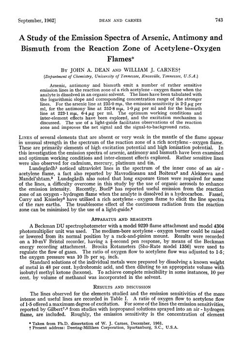 A study of the emission spectra of arsenic, antimony and bismuth from the reaction zone of acetylene-oxygen flames