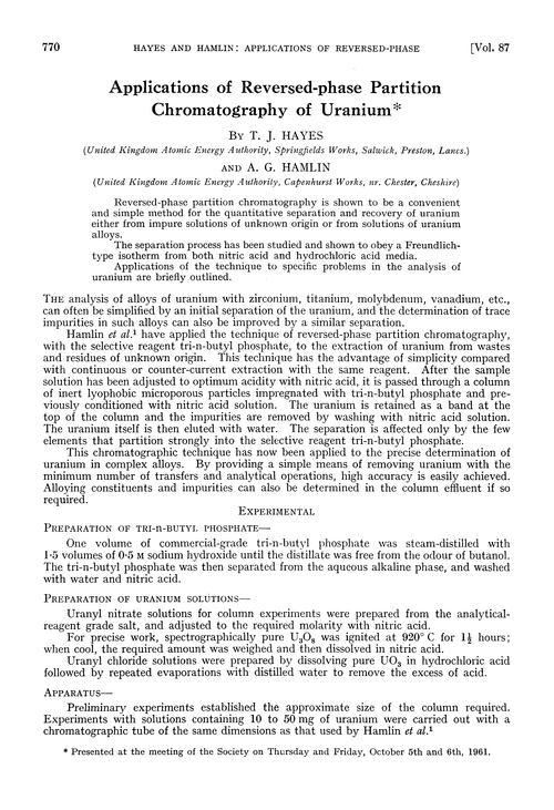 Applications of reversed-phase partition chromatography of uranium