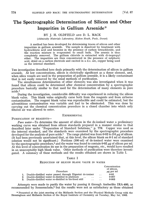 The spectrographic determination of silicon and other impurities in gallium arsenide