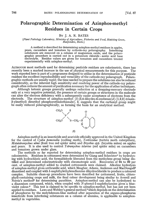 Polarographic determination of azinphos-methyl residues in certain crops