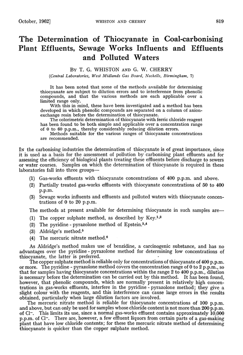 The determination of thiocyanate in coal-carbonising plant effluents, sewage works influents and effluents and polluted waters