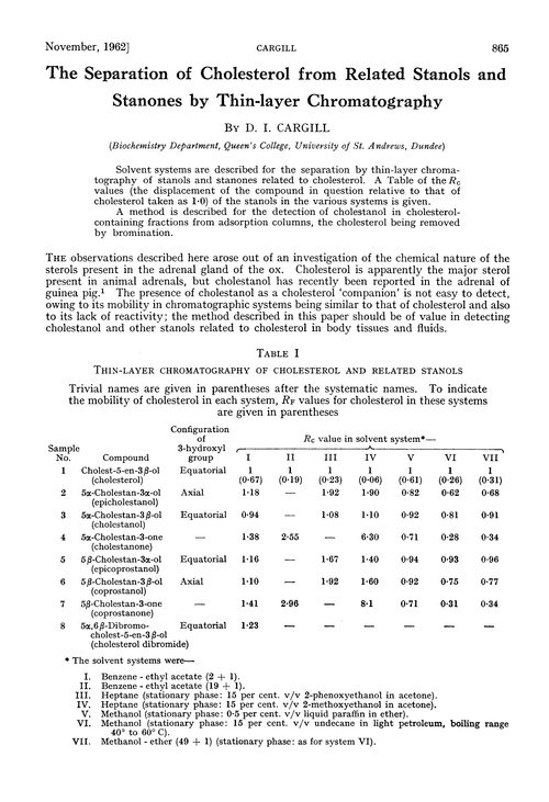The separation of cholesterol from related stanols and stanones by thin-layer chromatography