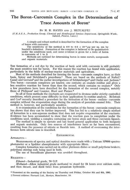 The boron-curcumin complex in the determination of trace amounts of boron