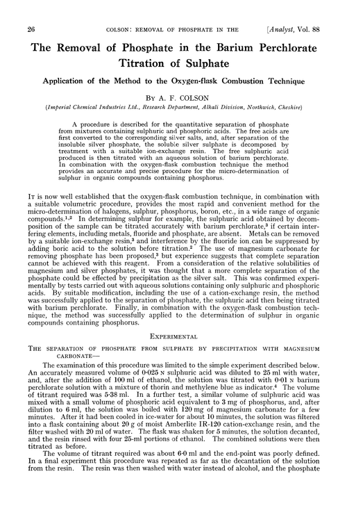 The removal of phosphate in the barium perchlorate titration of sulphate. Application of the method to the oxygen-flask combustion technique