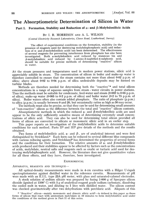 The absorptiometric determination of silicon in water. Part I. Formation, stability and reduction of α- and β-molybdosilicic acids