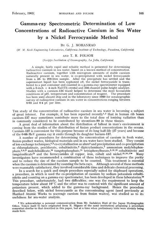 Gamma-ray spectrometric determination of low concentrations of radioactive caesium in sea water by a nickel ferrocyanide method