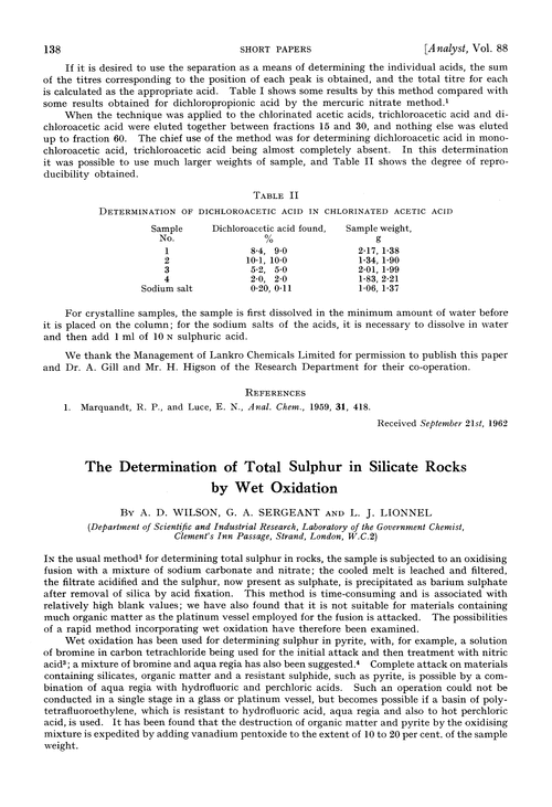 The determination of total sulphur in silicate rocks by wet oxidation