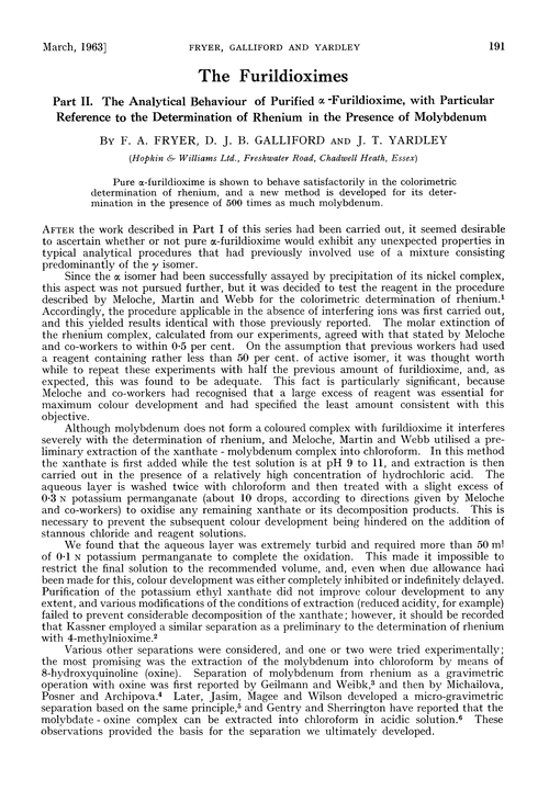 The furildioximes. Part II. The analytical behaviour of purified α-furildioxime, with particular reference to the determination of rhenium in the presence of molybdenum