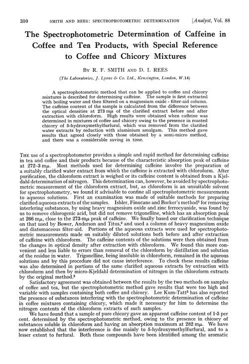 The spectrophotometric determination of caffeine in coffee and tea products, with special reference to coffee and chicory mixtures
