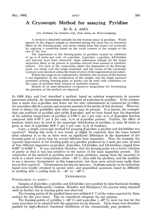 A cryoscopic method for assaying pyridine
