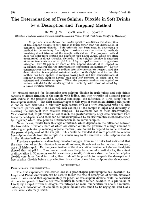 The determination of free sulphur dioxide in soft drinks by a desorption and trapping method