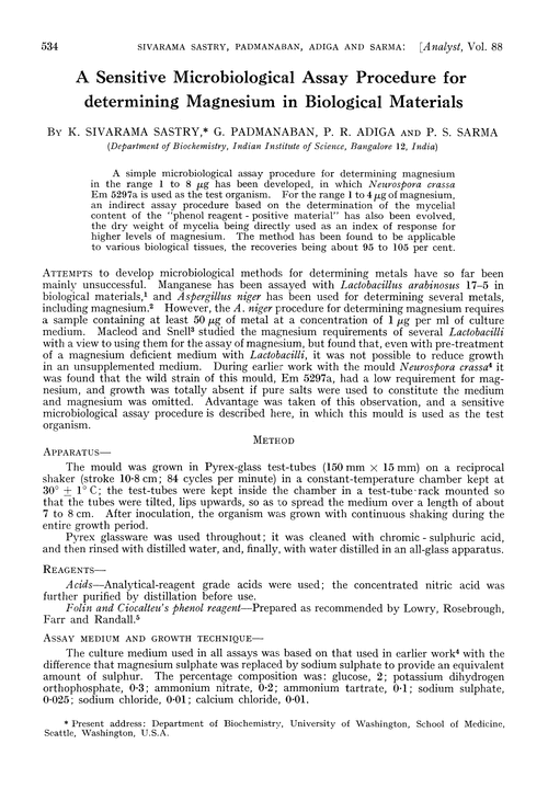 A sensitive microbiological assay procedure for determining magnesium in biological materials