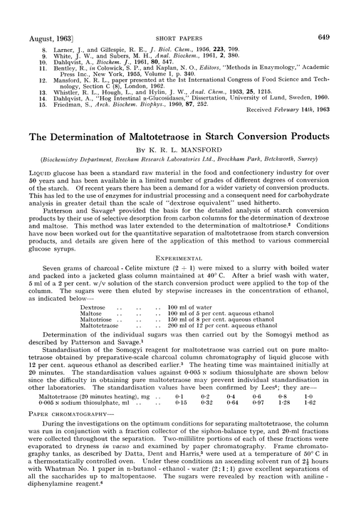 The determination of maltotetraose in starch conversion products