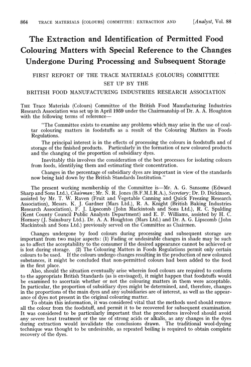 The extraction and identification of permitted food colouring matters with special reference to the changes undergone during processing and subsequent storage