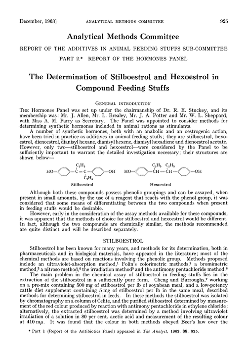 The determination of stilboestrol and hexoestrol in compound feeding stuffs