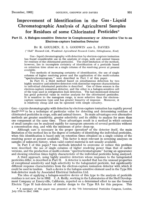 Improvement of identification in the gas-liquid chromatographic analysis of agricultural samples for residues of some chlorinated pesticides. Part II. A halogen-sensitive detector in complementary or alternative use to an electron-capture ionisation detector