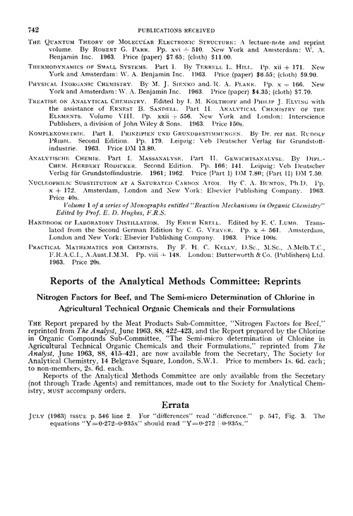 Reports of the Analytical Methods Committee: reprints. Nitrogen factors for beef, and the semi-micro determination of chlorine in agricultural technical organic chemicals and their formulations