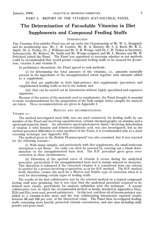 Report of the Additives in Animal Feeding Stuffs Sub-Committee. Part 5. Report of the Vitamins (Fat-soluble) Panel. The determination of fat-soluble vitamins in diet supplements and compound feeding stuffs