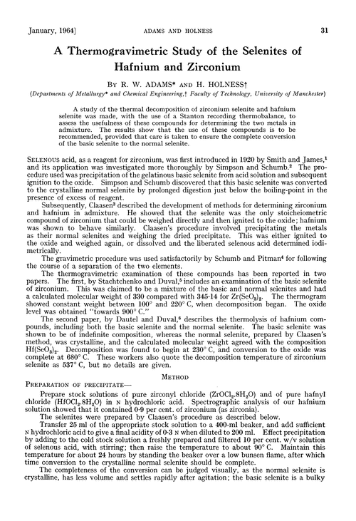 A thermogravimetric study of the selenites of hafnium and zirconium