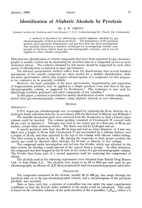 Identification of aliphatic alcohols by pyrolysis