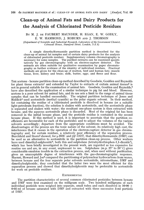 Clean-up of animal fats and dairy products for the analysis of chlorinated pesticide residues