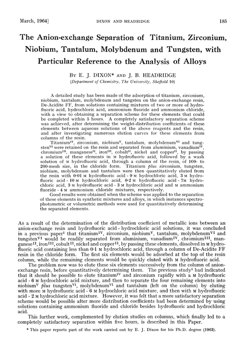 The anion-exchange separation of titanium, zirconium, niobium, tantalum, molybdenum and tungsten, with particular reference to the analysis of alloys