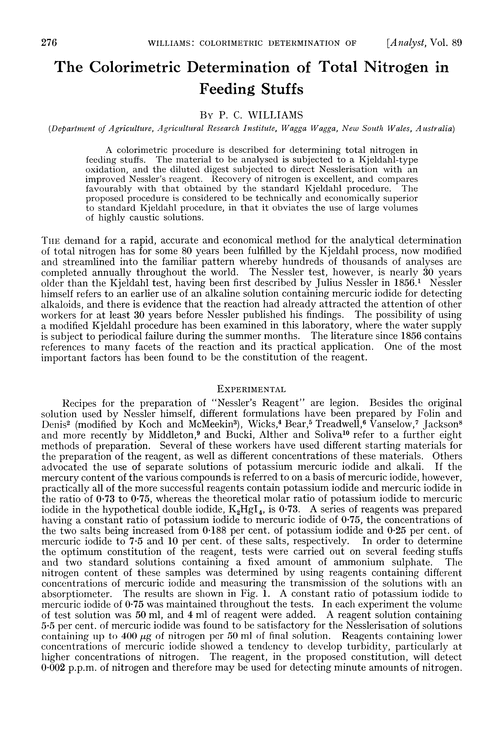 The colorimetric determination of total nitrogen in feeding stuffs