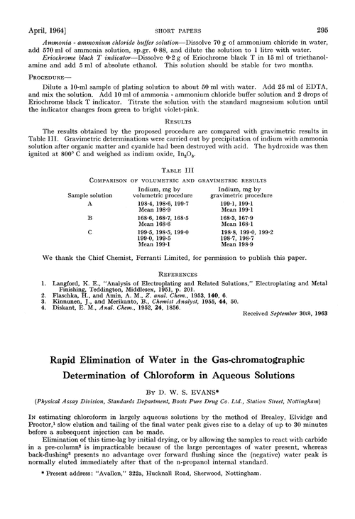 Rapid elimination of water in the gas-chromatographic determination of chloroform in aqueous solutions