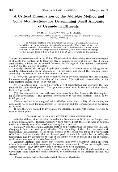 A critical examination of the Aldridge method and some modifications for determining small amounts of cyanide in effluents