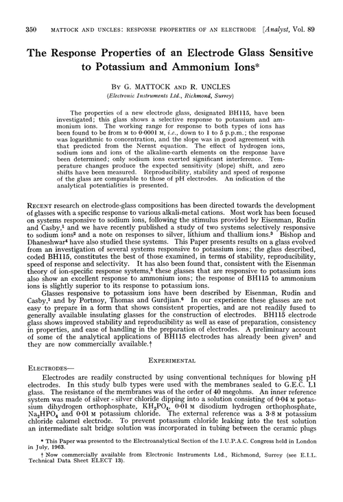 The response properties of an electrode glass sensitive to potassium and ammonium ions