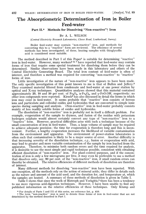 The absorptiometric determination of iron in boiler feed-water. Part II. Methods for dissolving “non-reactive” iron