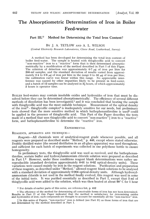 The absorptiometric determination of iron in boiler feed-water. Part III. Method for determining the total iron content