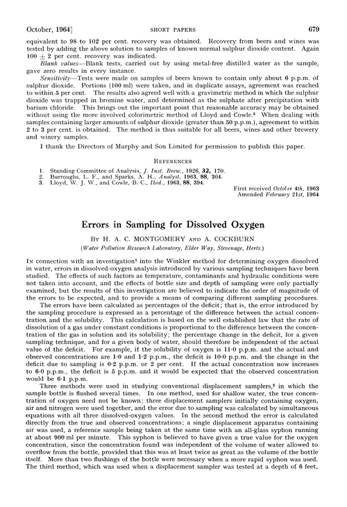 Errors in sampling for dissolved oxygen