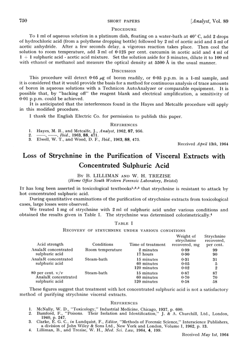 Loss of strychnine in the purification of visceral extracts with concentrated sulphuric acid