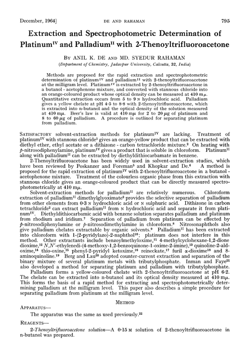 Extraction and spectrophotometric determination of platinumIV and palladiumII with 2-thenoyltrifluoroacetone