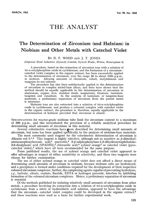 The determination of ziroconium (and hafnium) in niobium and other metals with catechol violet