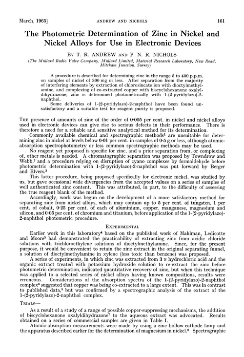 The photometric determination of zinc in nickel and nickel alloys for use in electronic devices