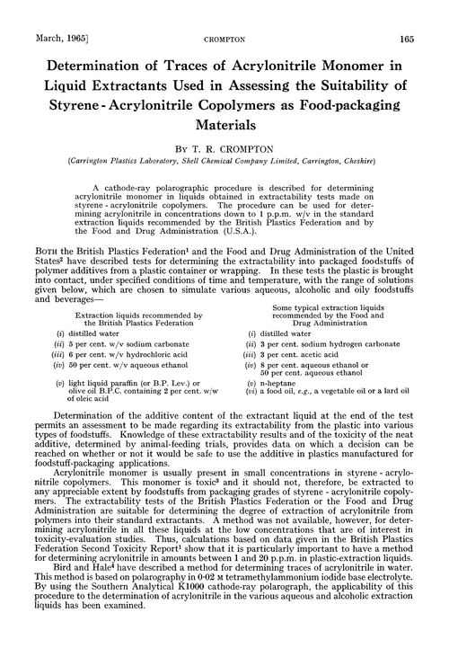 Determination of traces of acrylonitrile monomer in liquid extractants used in assessing the suitability of styrene-acrylonitrile copolymers as food-packaging materials