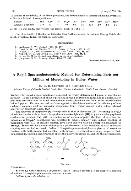 A rapid spectrophotometric method for determining parts per million of morpholine in boiler water