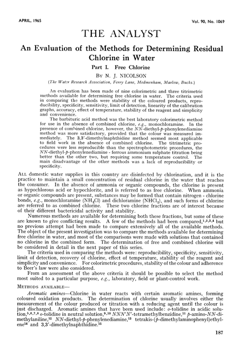 An evaluation of the methods for determining residual chlorine in water. Part I. Free chlorine