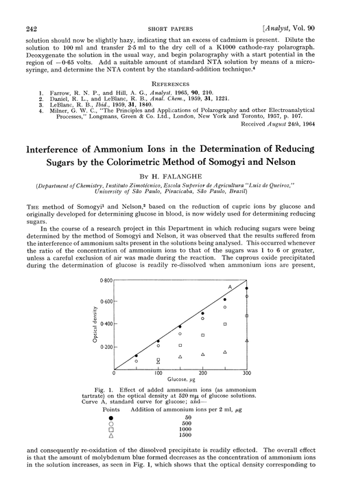 Interference of ammonium ions in the determination of reducing sugars by the colorimetric method of Somogyi and Nelson