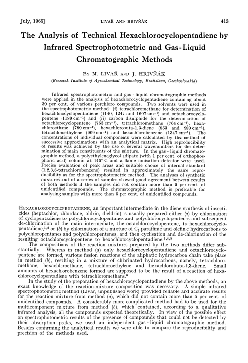The analysis of technical hexachlorocyclopentadiene by infrared spectrophotometric and gas-liquid chromatographic methods