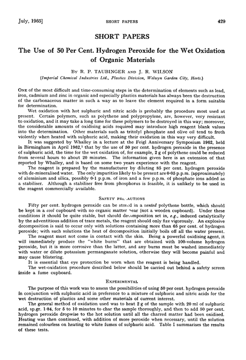 The use of 50 per cent. Hydrogen peroxide for the wet oxidation of organic materials