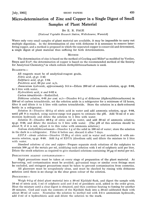 Micro-determination of zinc and copper in a single digest of small samples of plant material