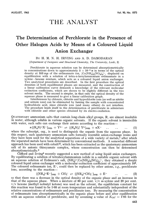 The determination of perchlorate in the presence of other halogen acids by means of a coloured liquid anion exchanger