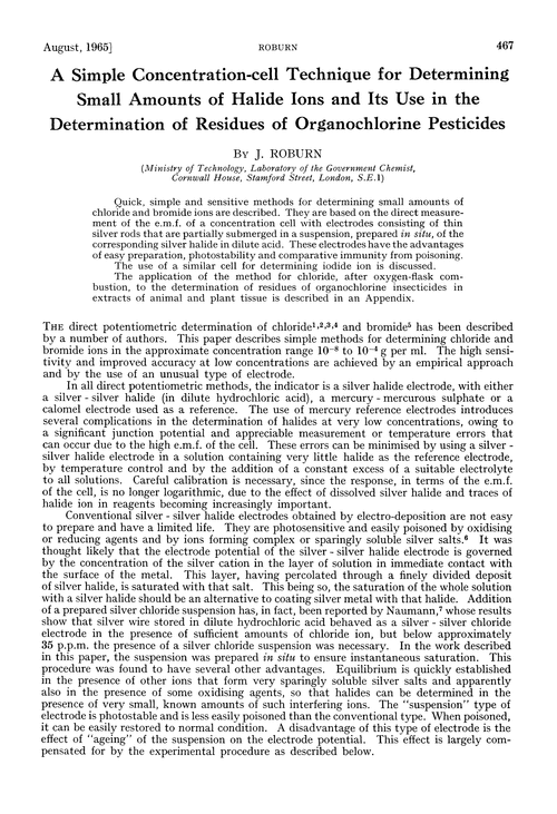 A simple concentration-cell technique for determining small amounts of halide ions and its use in the determination of residues of organochlorine pesticides