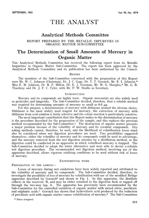 The determination of small amounts of mercury in organic matter