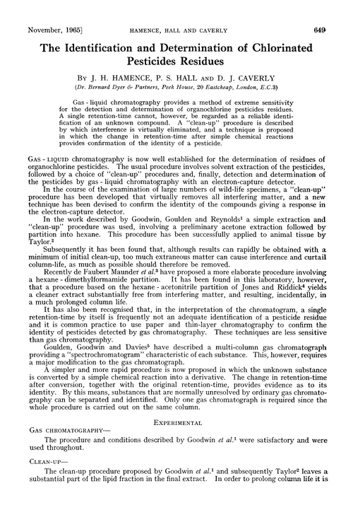 The identification and determination of chlorinated pesticides residues
