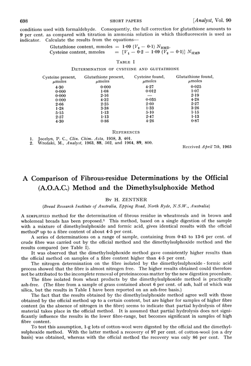 A comparison of fibrous-residue determinations by the official (A.O.A.C.) method and the dimethylsulphoxide method